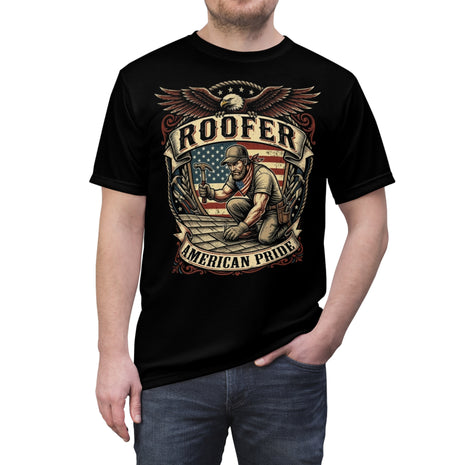 Black t-shirt with 'Roofer American Pride' graphic design on a white background