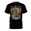 Black t-shirt with 'Roofer American Pride' graphic design on a white background