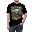 Black t-shirt with a graphic design of two roofer workers and text 'Roofers Staying on Top of Things' worn by a person.