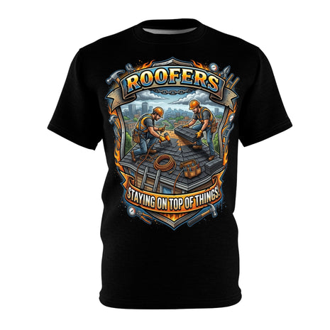 Black t-shirt with graphic design of two roofers and text 'Roofers Staying on Top of Things' on a white background