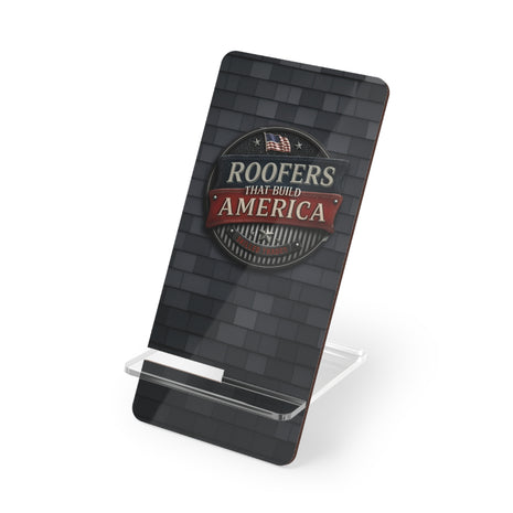 Phone stand with 'Roofers That Build America' logo on a white background