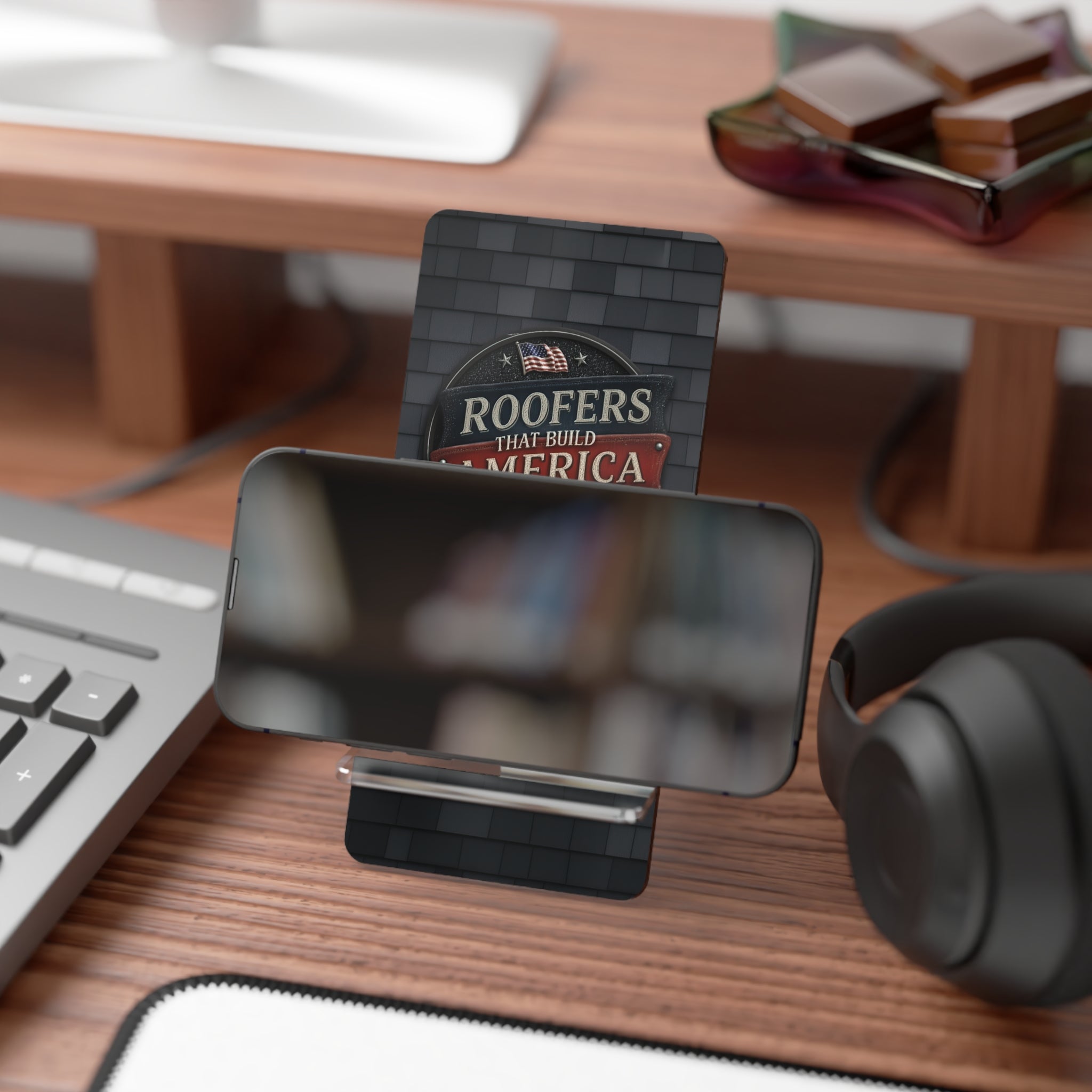 Phone stand on a desk with a keyboard, mouse, and headphones in the background