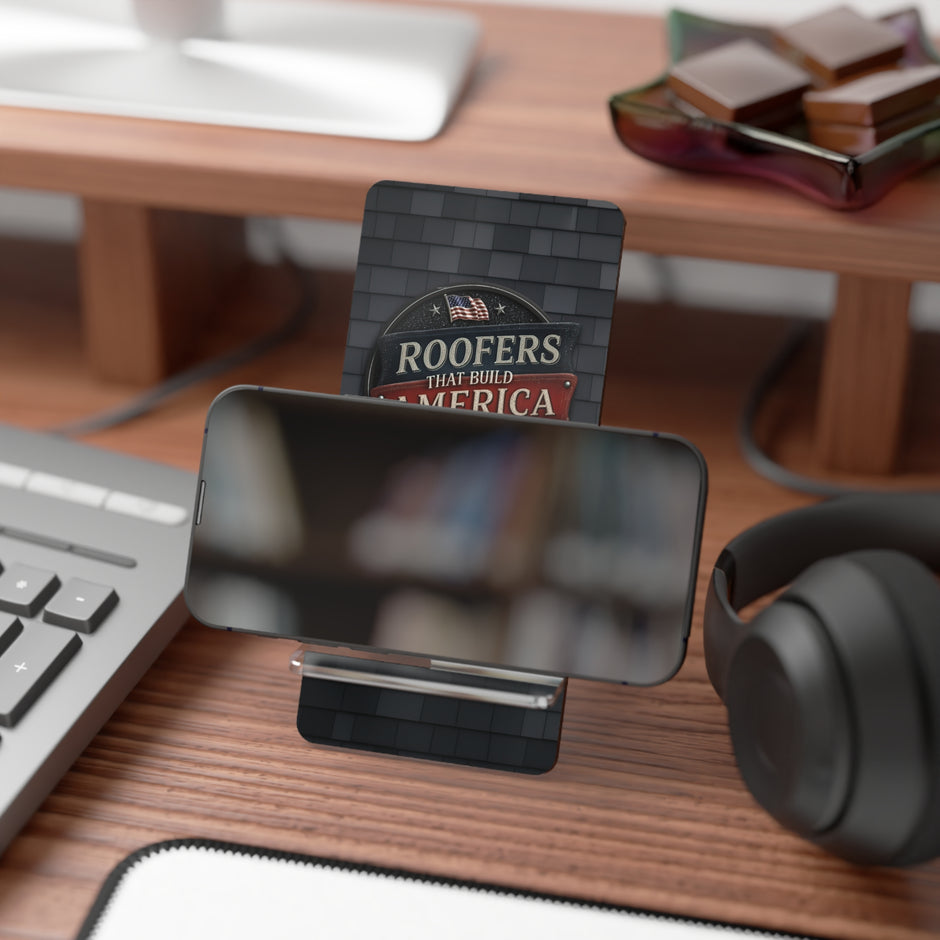 Phone stand on a desk with a keyboard, mouse, and headphones in the background