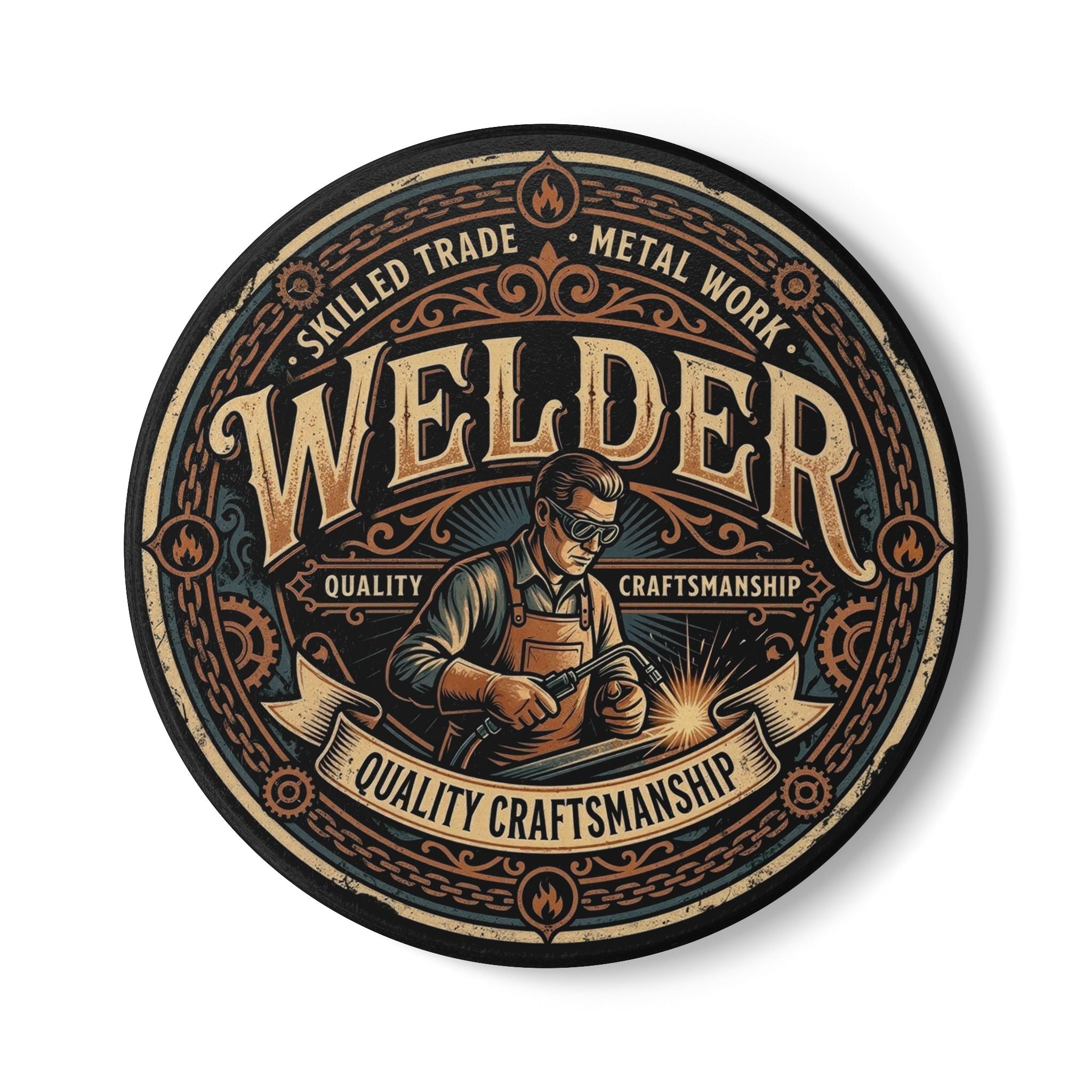 A circular graphic design featuring a vintage-style welder illustration with the word 'WELDER' in large letters, surrounded by decorative text and ornamental borders on a white background.