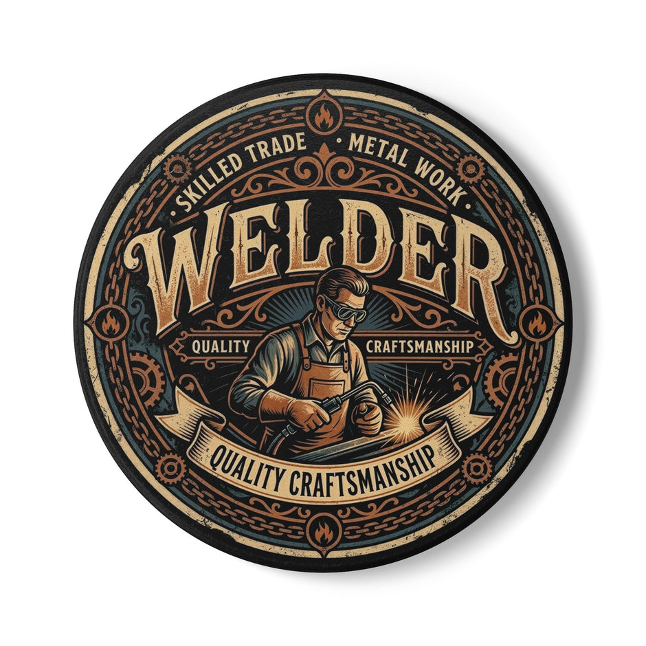 A circular graphic design featuring a vintage-style welder illustration with the word 'WELDER' in large letters, surrounded by decorative text and ornamental borders on a white background.