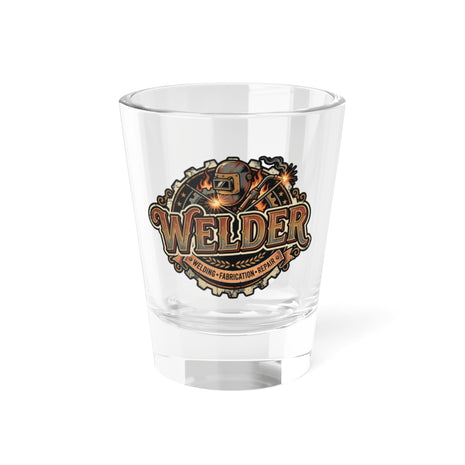 Clear glass with 'Welder' design on a white background