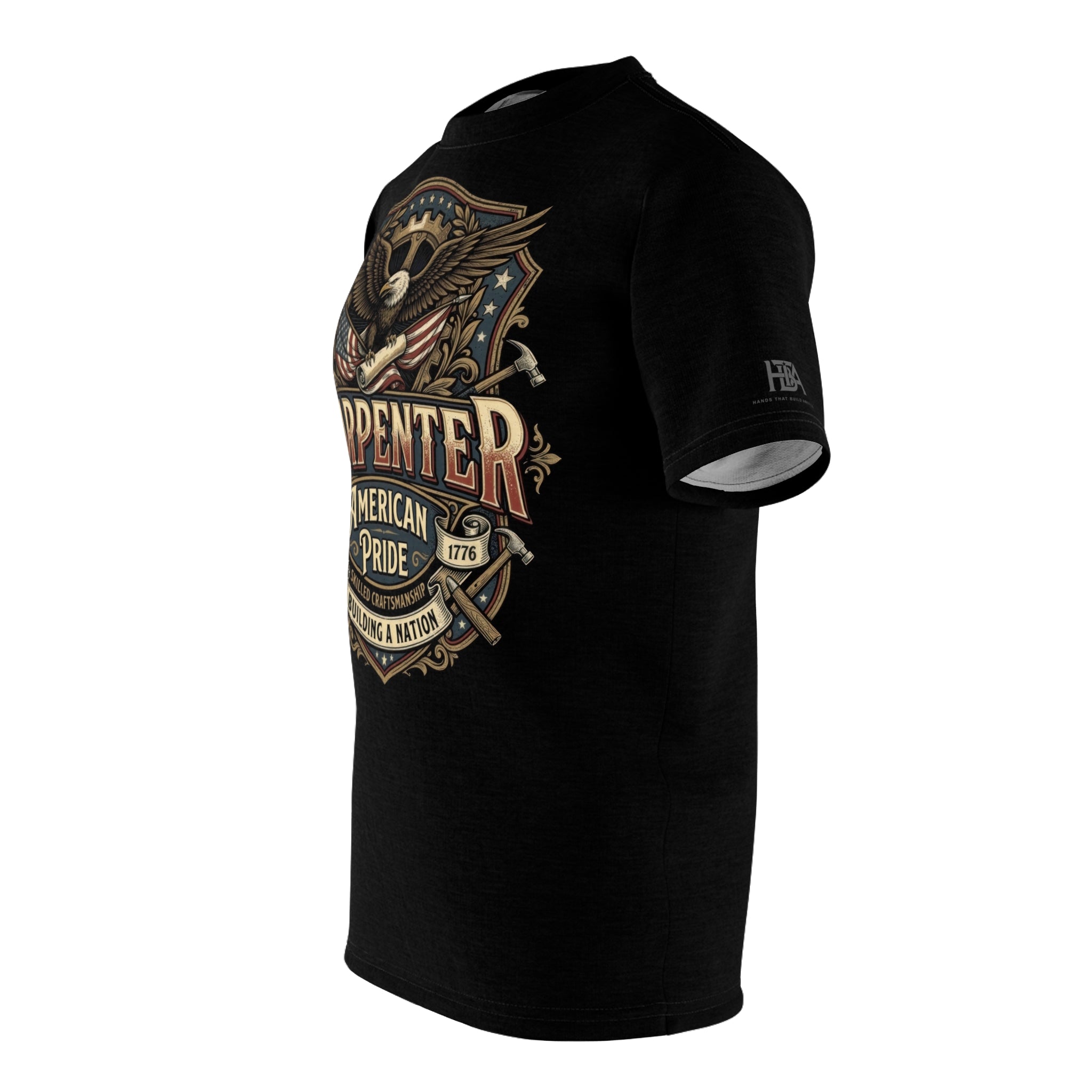 Black t-shirt with HTBA Logo on the sleeve, on a white background