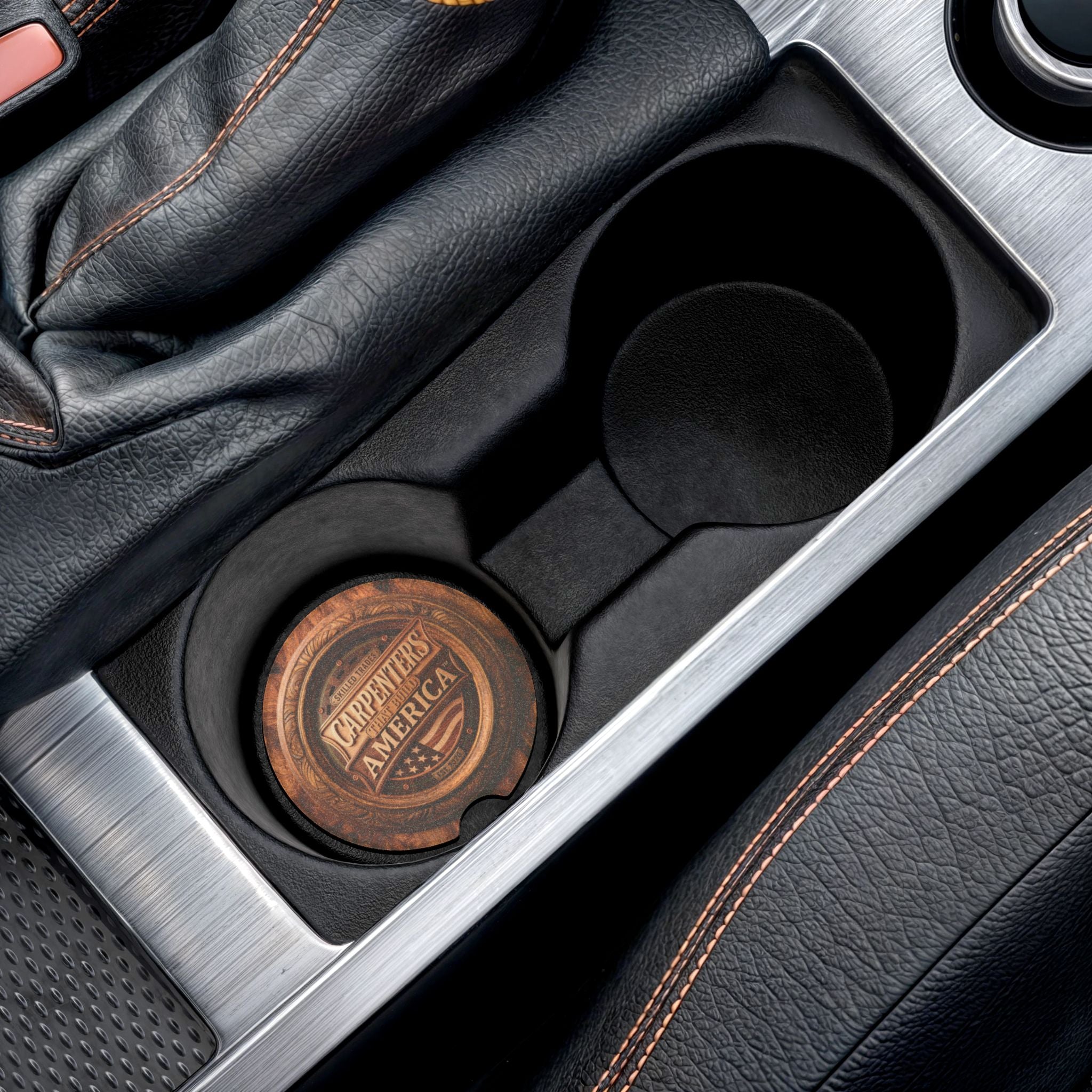 Car cup holder with a wooden coaster featuring 'Carpenters That Build America' branding.