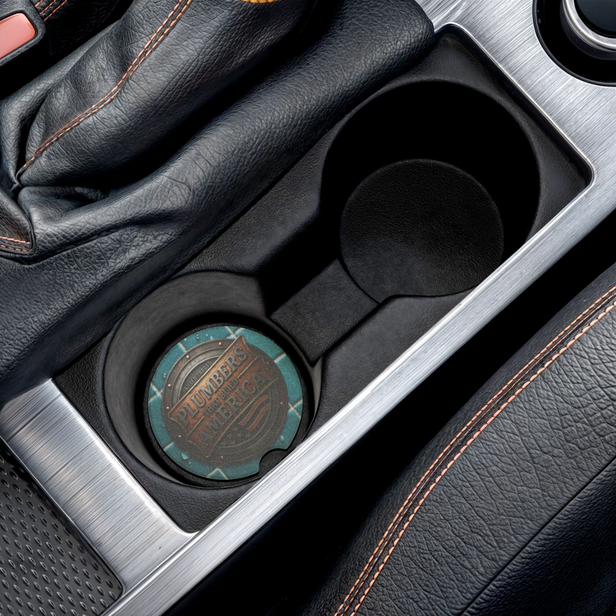 Car cup holder with a leather-textured car coaster inside