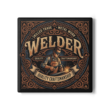 A square drink coaster featuring a vintage-style welder illustration with ornate copper-toned decorative details and the word 'WELDER' in large lettering, shown on a white background.