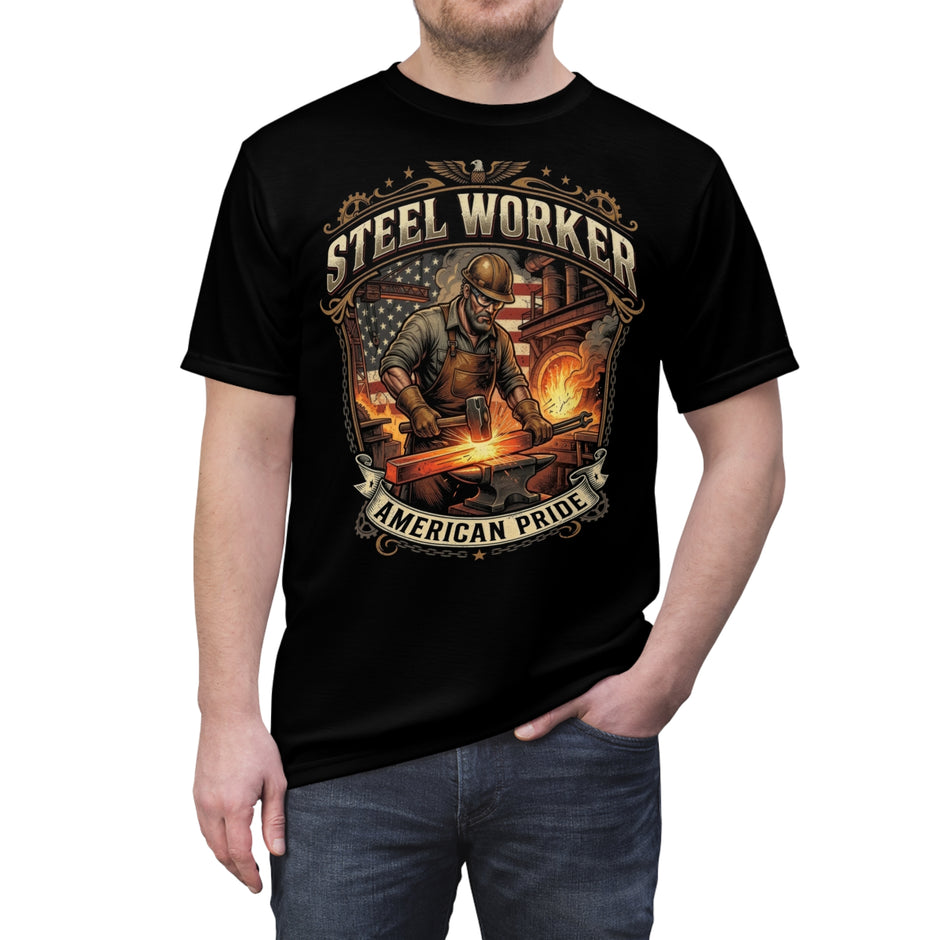Black t-shirt with 'Steel Worker American Pride' graphic design on a white background
