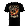 Black t-shirt with a graphic of a steelworker and 'Steel Worker American Pride' text on a white background.