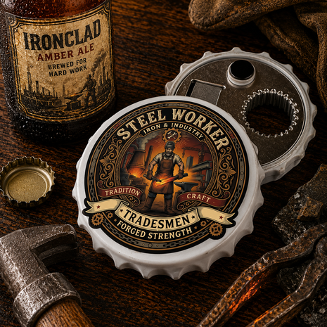 A bottle-cap-shaped metal can opener with a detailed 'Steel Worker' label, displayed on a rustic wooden table alongside an open bottle cap, a bottle of Ironclad Amber Ale, and various iron tools.