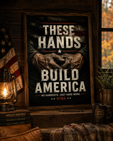 A framed rustic poster with the text 'THESE HANDS BUILD AMERICA' and smaller text 'NO HANDOUTS. JUST HARD WORK.