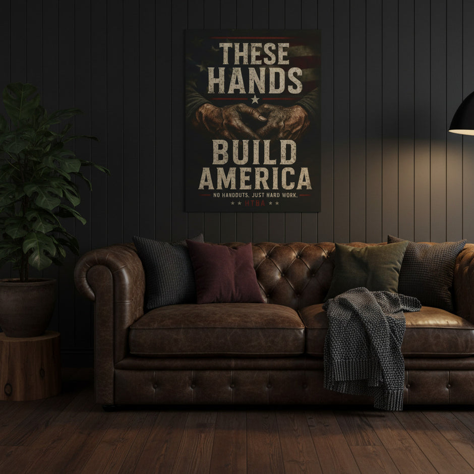 Poster with text 'These Hands Build America' on a wall above a sofa.