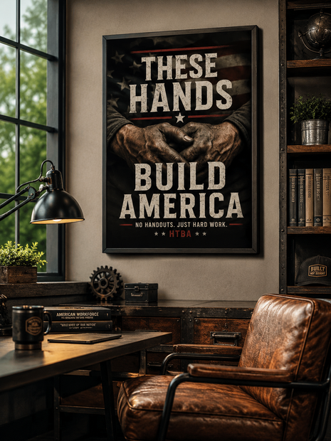 A framed motivational poster hanging on a wall in a rustic office setting. The poster features the text 'THESE HANDS BUILD AMERICA' in distressed white lettering over a dark background with a pair of hands holding together.