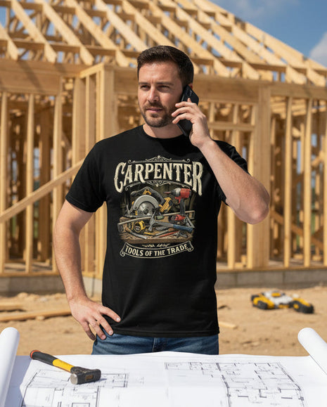 Black t-shirt with 'Carpenter Tools of the Trade' graphic design with a house build in the background