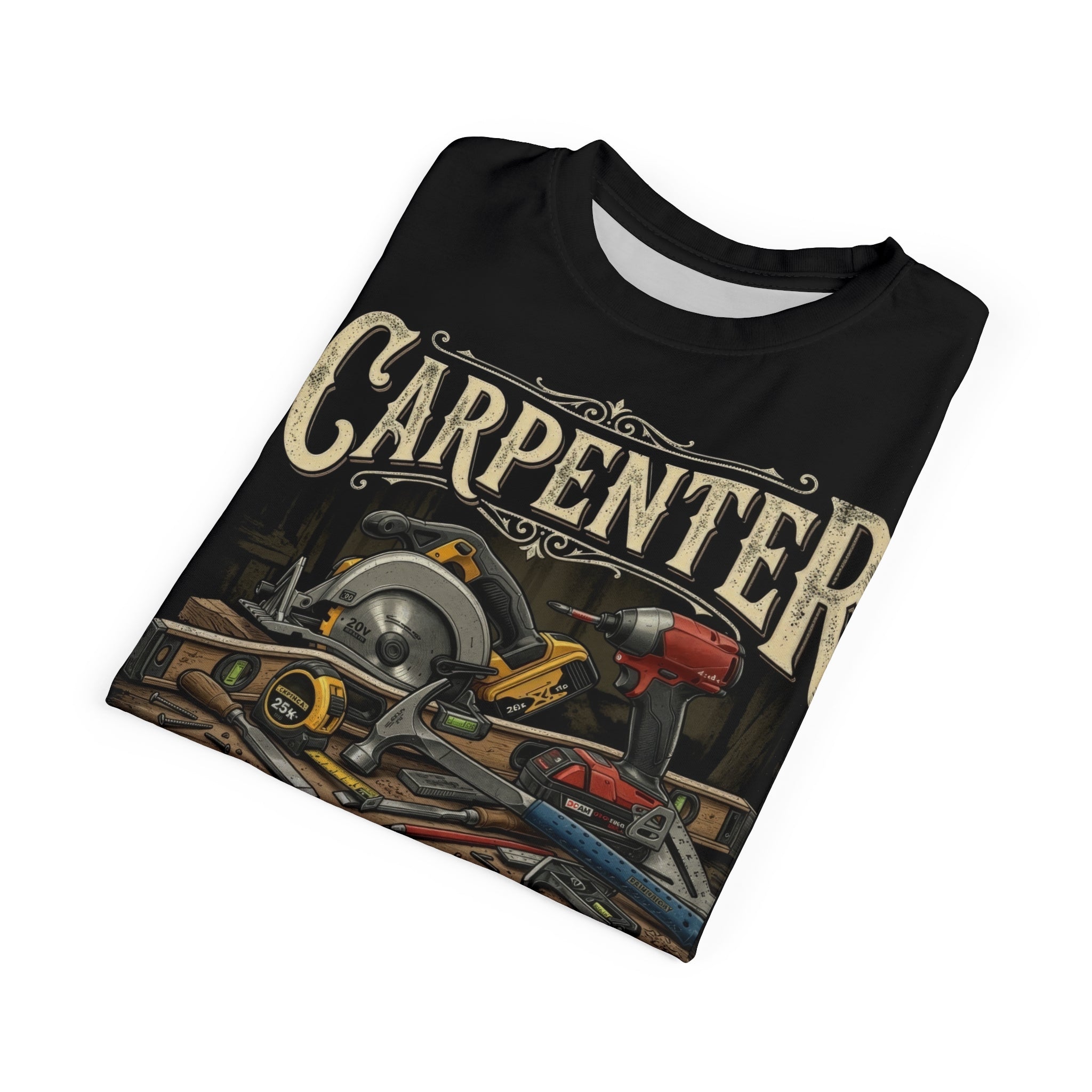 Carpenter t-shirt with graphic design featuring tools on a white background