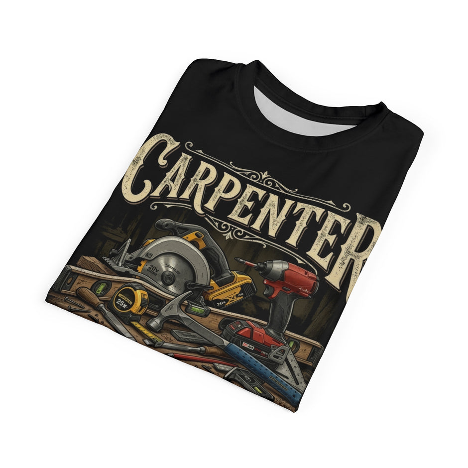 Carpenter t-shirt with graphic design featuring tools on a white background