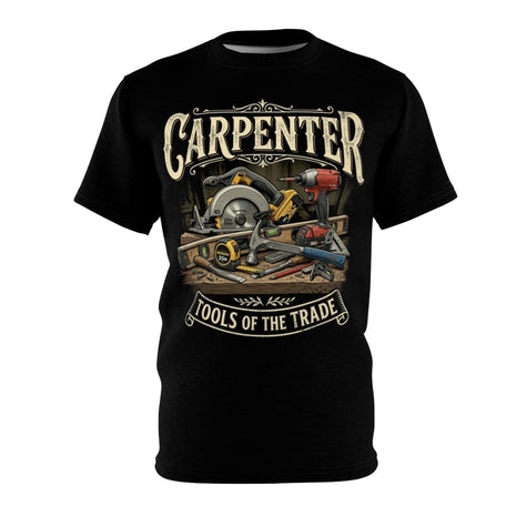 Black t-shirt with 'Carpenter Tools of the Trade' graphic design on a white background