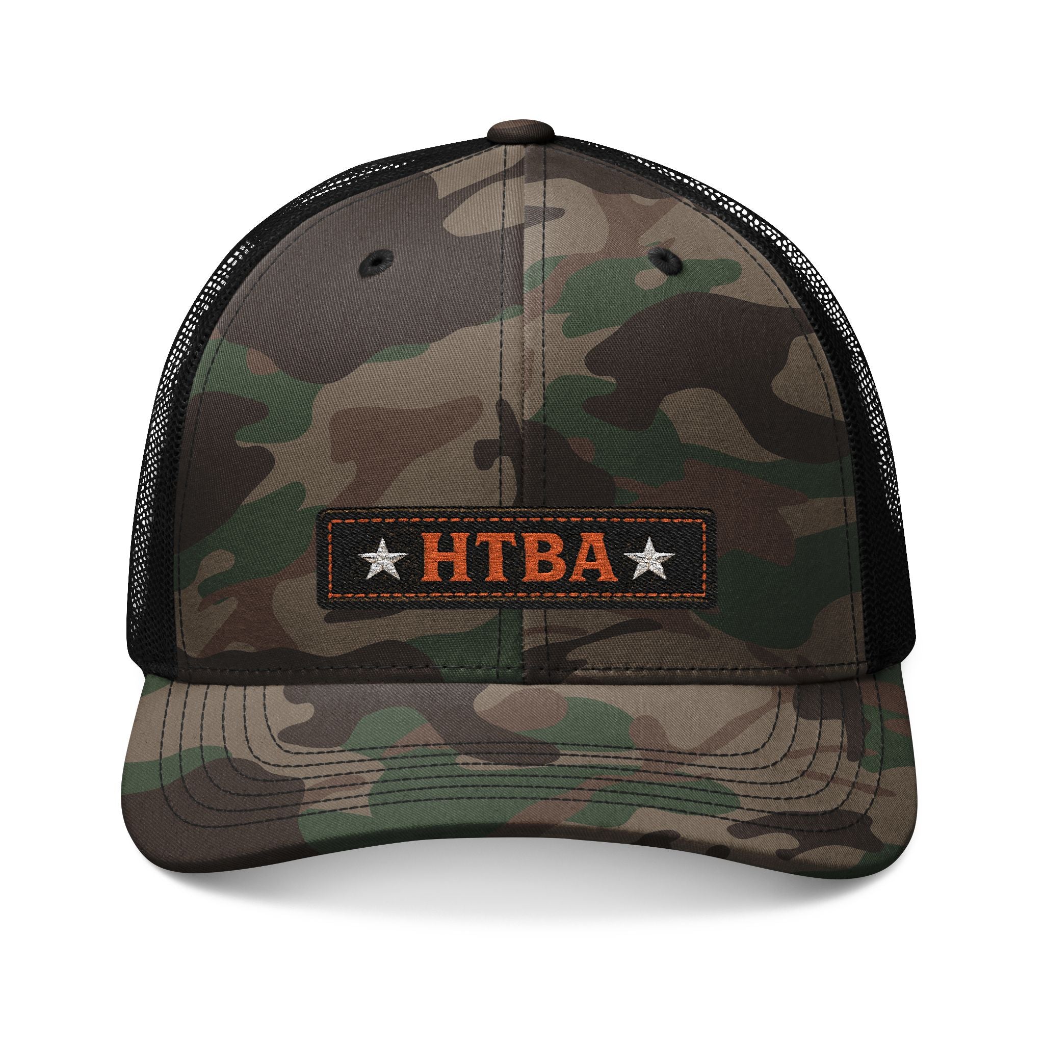 Camo Black colored trucker hat with 'HTBA' logo on a white background