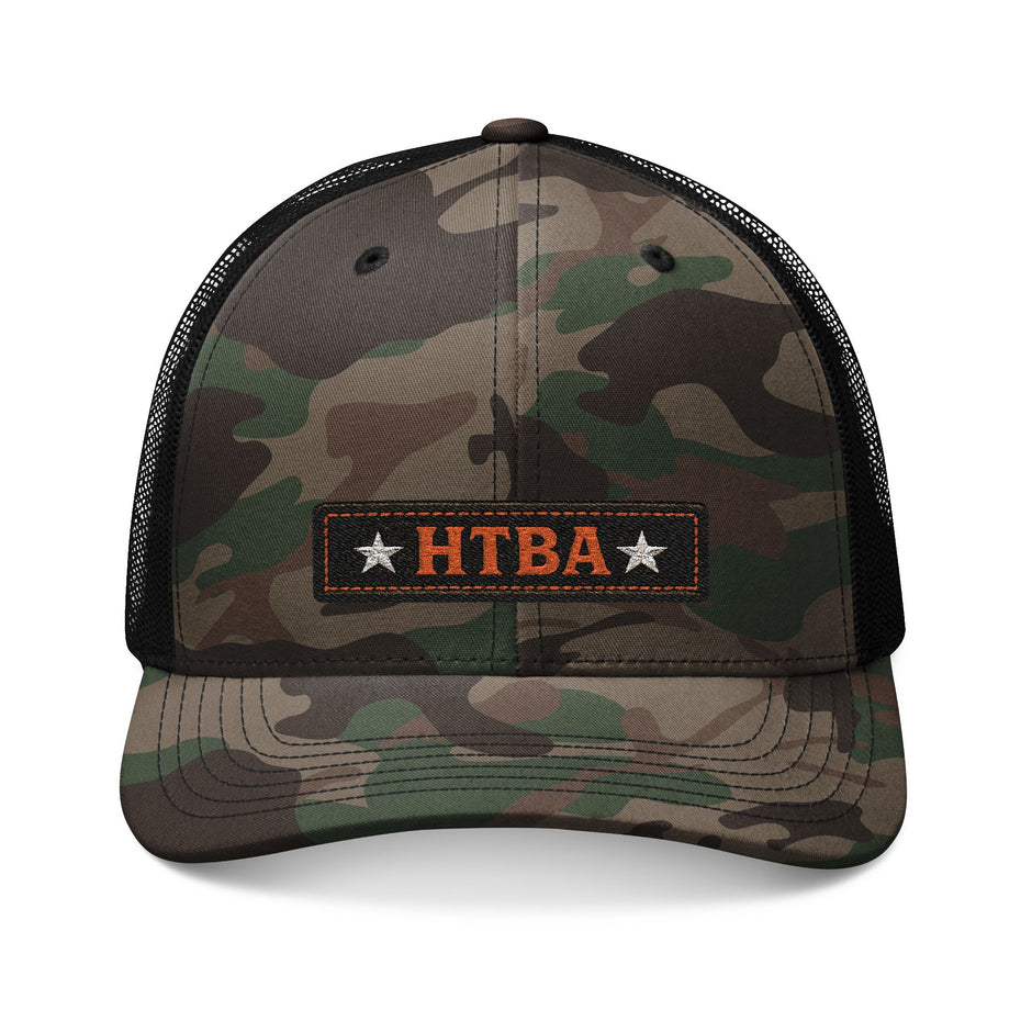 Camo Black colored trucker hat with 'HTBA' logo on a white background