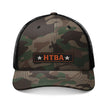 Camo Black colored trucker hat with 'HTBA' logo on a white background