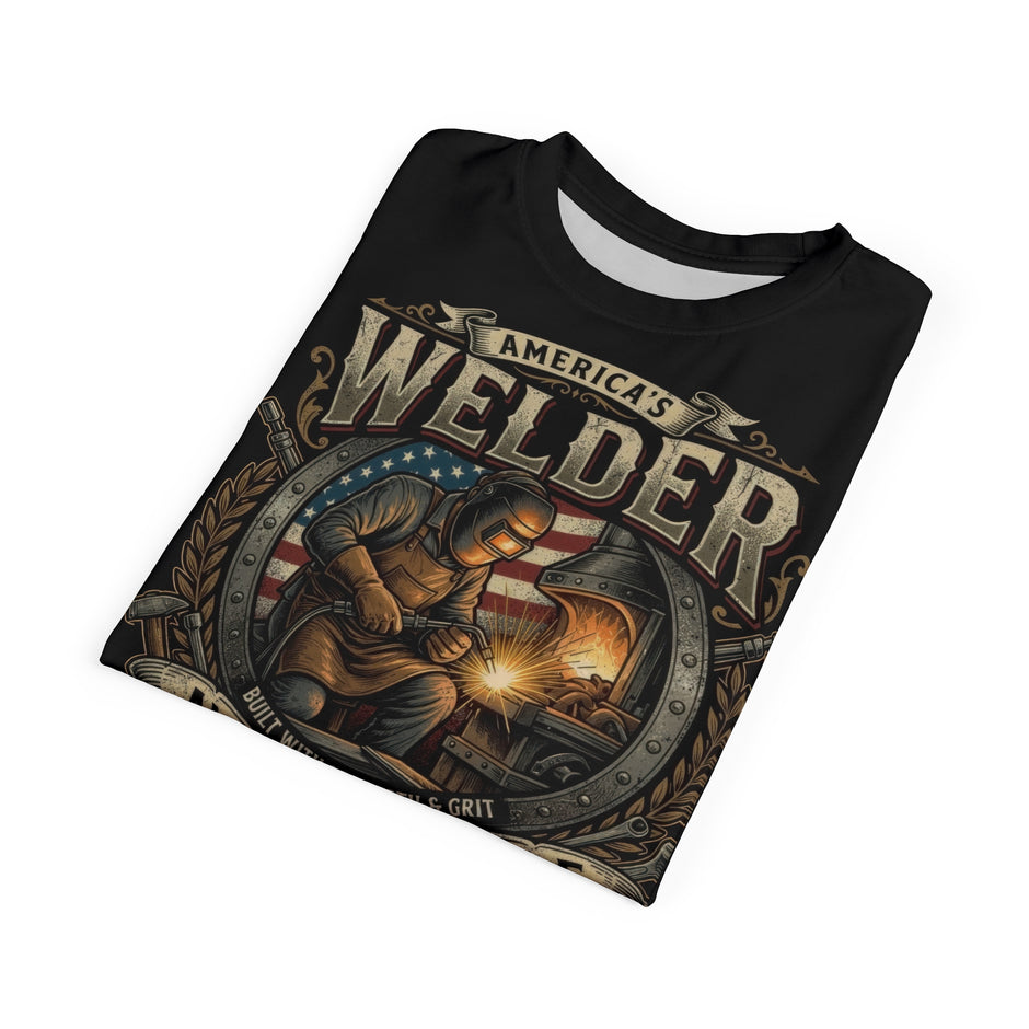 A black short-sleeve t-shirt with a detailed graphic print of a welder at work, featuring the text 'AMERICA'S WELDER' in a distressed metallic font, shown on a plain white background.