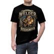 A man wearing a black short-sleeve graphic t-shirt with a vintage-style American Welder design on the chest, paired with blue jeans, against a plain white background.