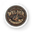 Bottle opener on a white background with a welder illustration and text about  craftmanship
