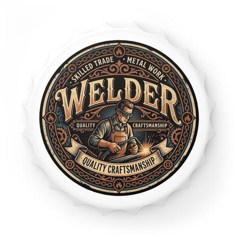 Bottle opener on a white background with a welder illustration and text about  craftmanship