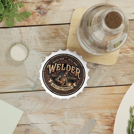 Welder coaster on a wooden table with a bottle and bottle cap.