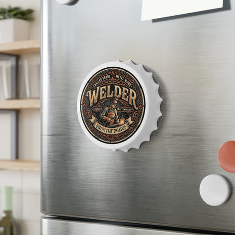 Welder bottle opener magnet on a refrigerator door 