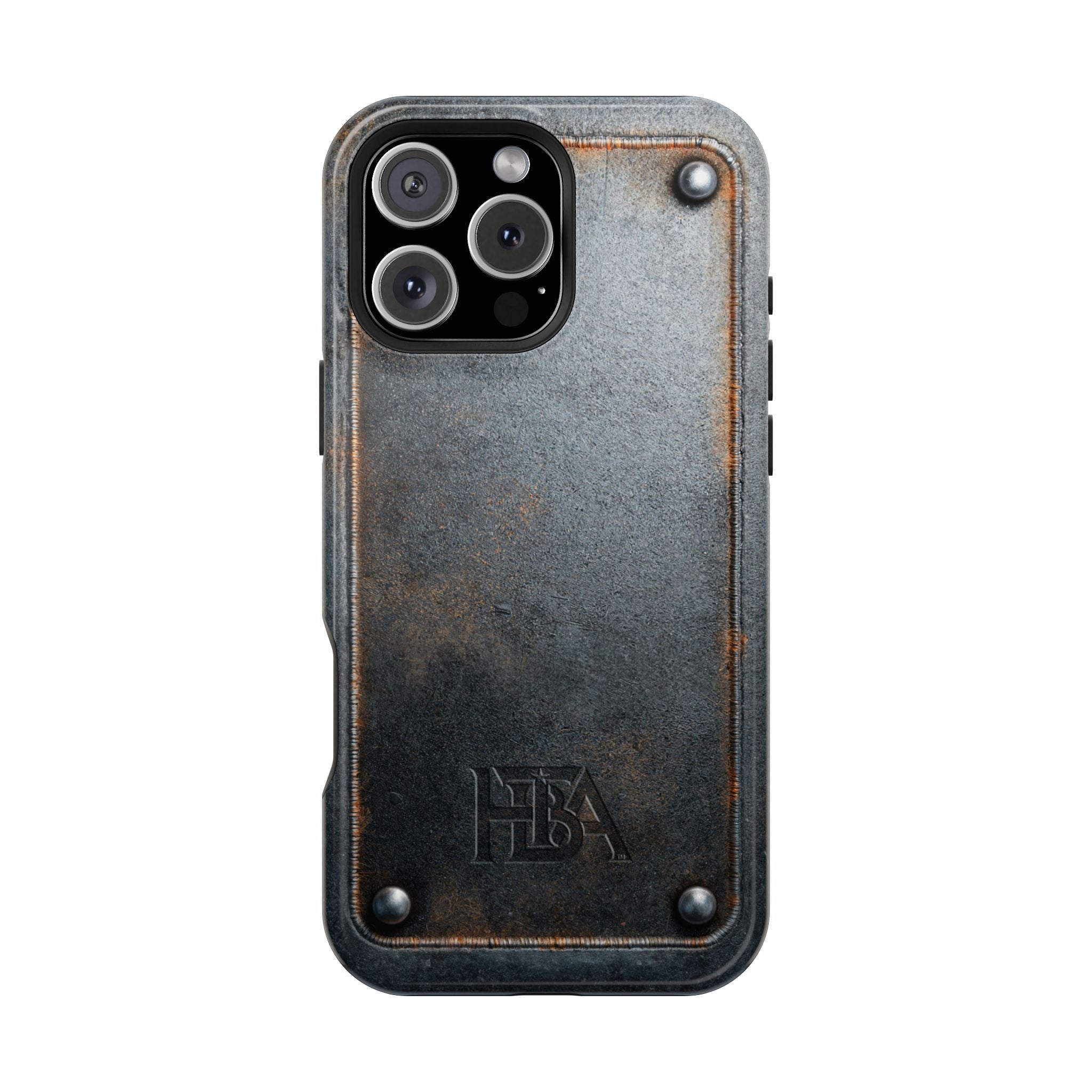 Dark gray phone case with a textured finish and visible brand logo on a white background