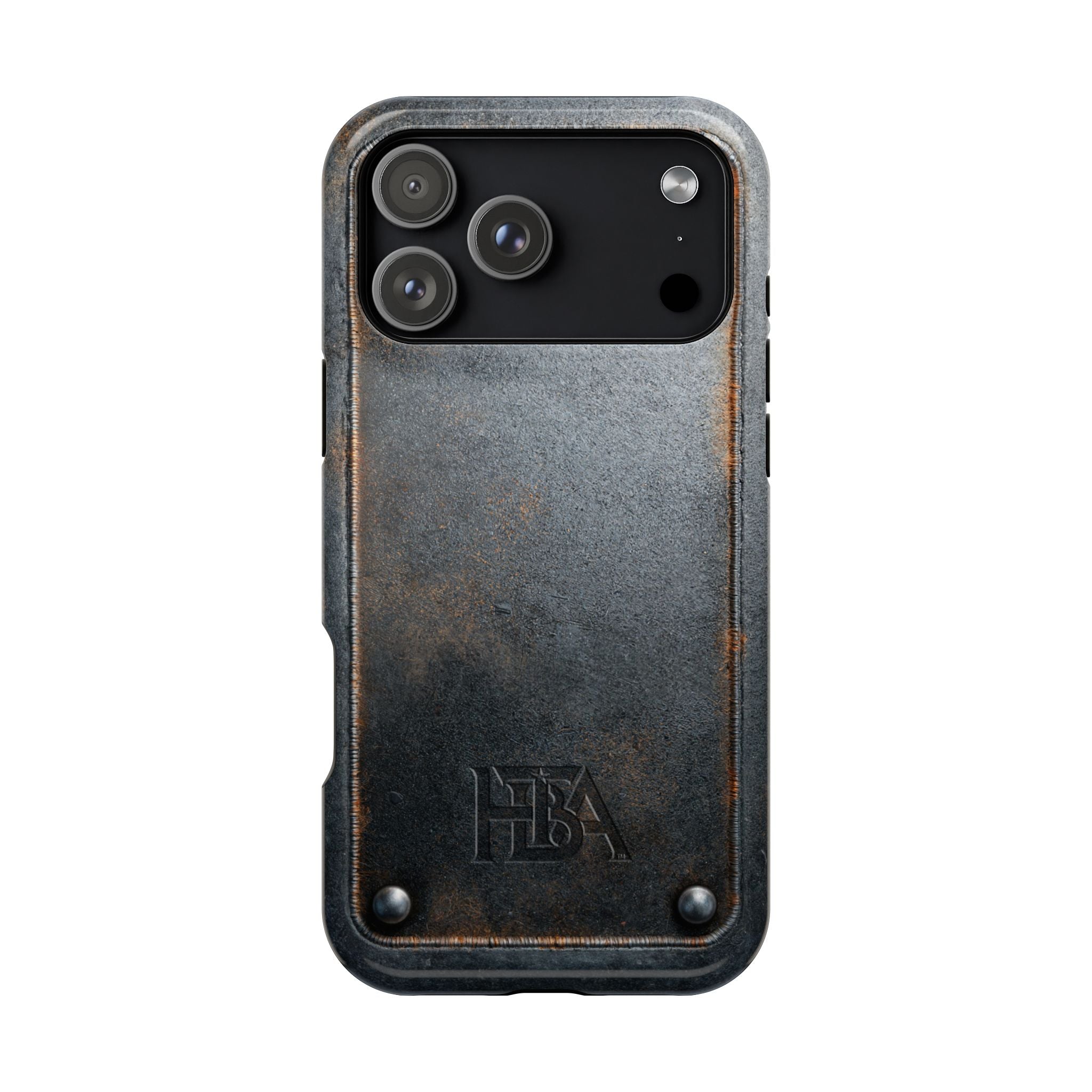 Black phone case with a textured finish and visible brand logo on a white background