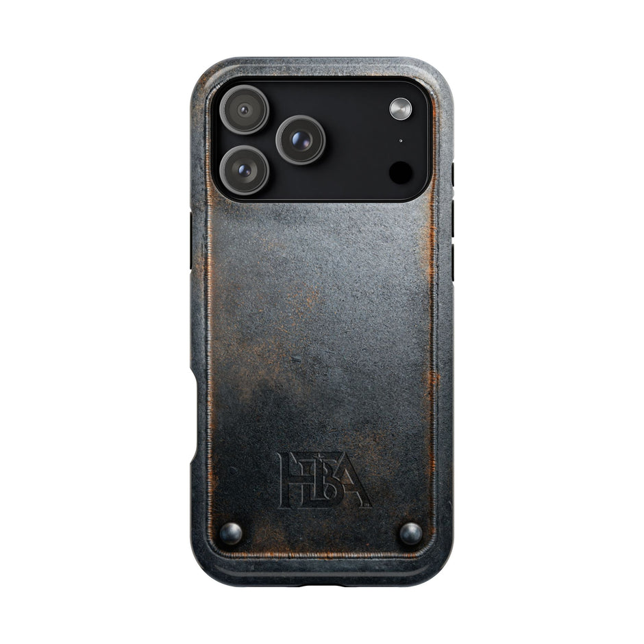 Black phone case with a textured finish and visible brand logo on a white background