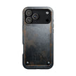 Black phone case with a textured finish and visible brand logo on a white background