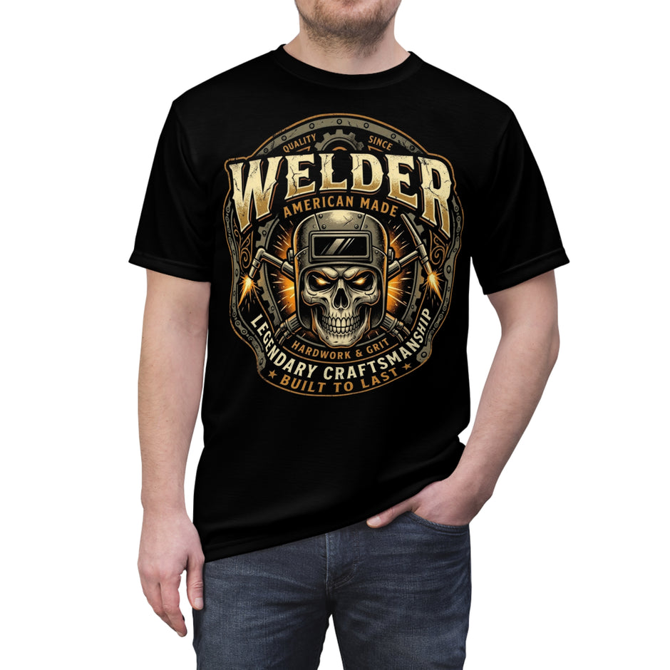Black t-shirt with 'Welder' graphic design featuring a skull and text on a white background.