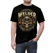 Black t-shirt with 'Welder' graphic design featuring a skull and text on a white background.