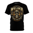 Black t-shirt with a skull and welding helmet graphic and text on a white background