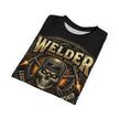 Folded Welder's t-shirt with a skull graphic design featuring welding tools on a white background