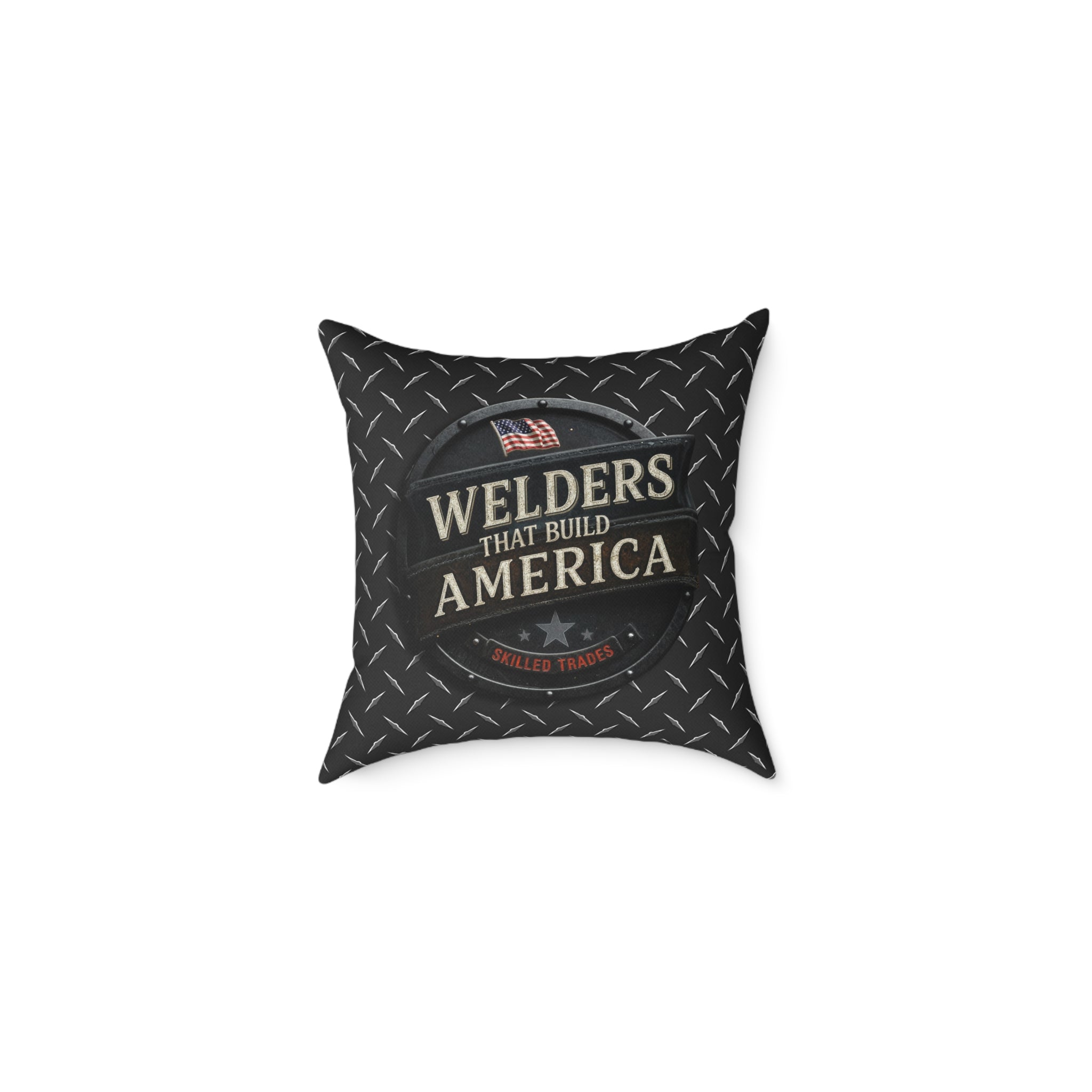 Welders Throw pillow with a American Flag and Skilled Trades on a white background
