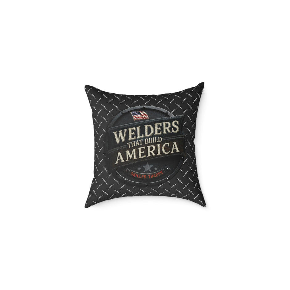 Welders Throw pillow with a American Flag and Skilled Trades on a white background