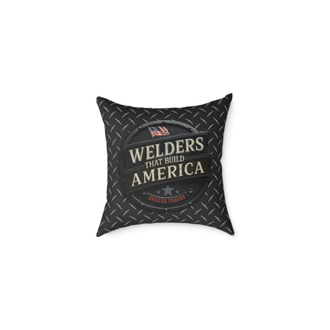 Welders Throw pillow with a American Flag and Skilled Trades on a white background