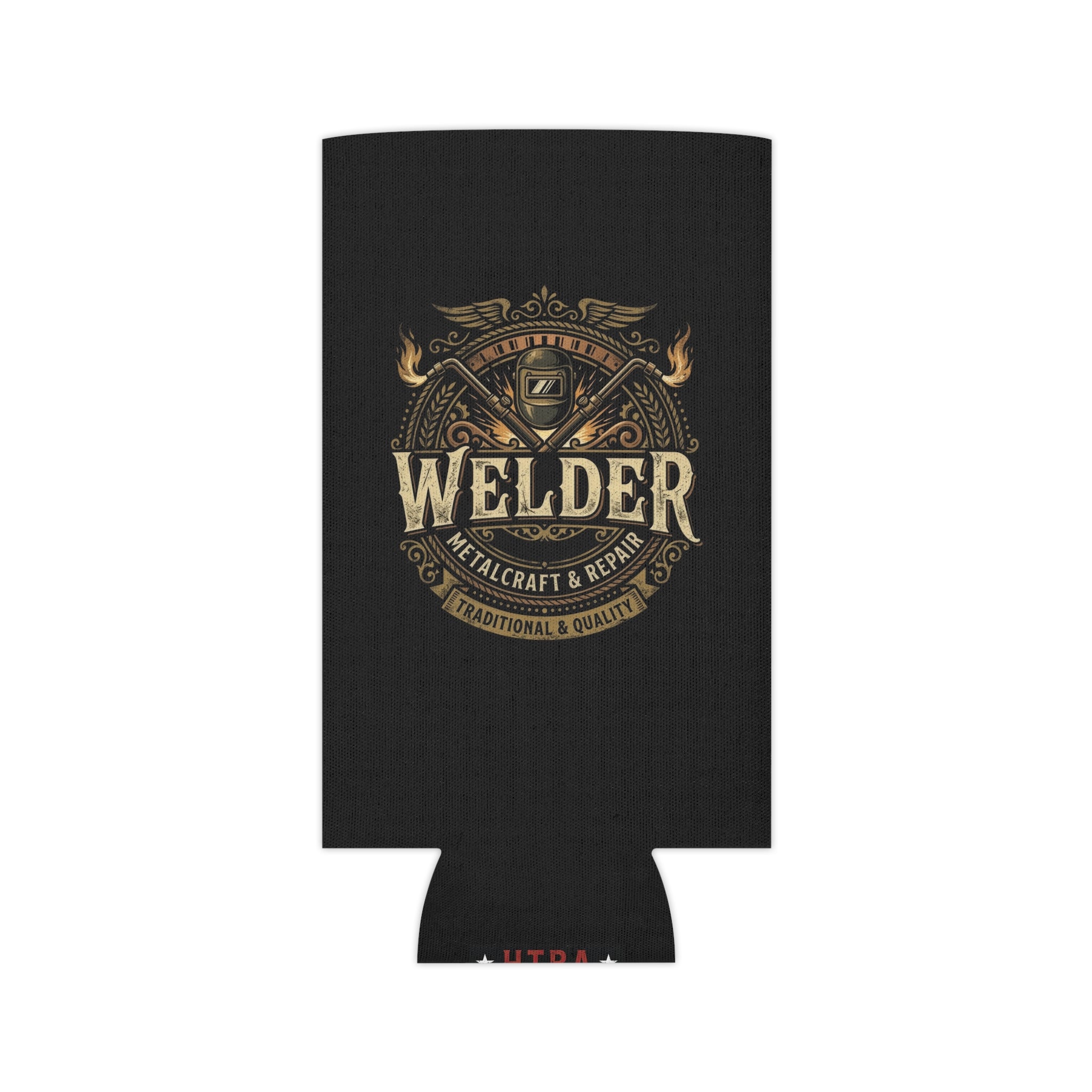 A black can cooler sleeve featuring a vintage-style gold and bronze 'Welder Metalcraft & Repair' logo on the front, shown against a plain white background.