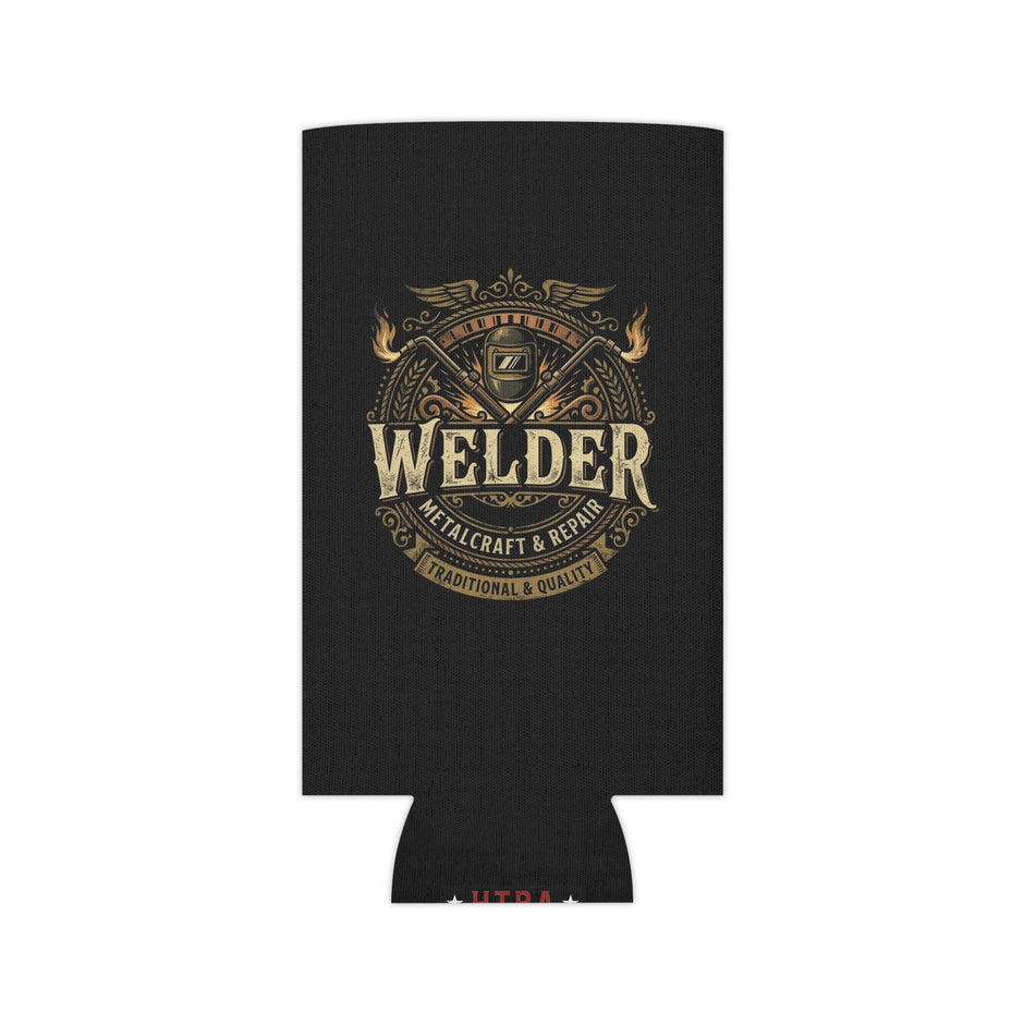 A black can cooler sleeve featuring a vintage-style gold and bronze 'Welder Metalcraft & Repair' logo on the front, shown against a plain white background.