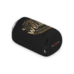 A black insulated can cooler sleeve with a gold and black 'Welder' graphic and a small red 'HTBA' logo on the bottom, shown on a white background.