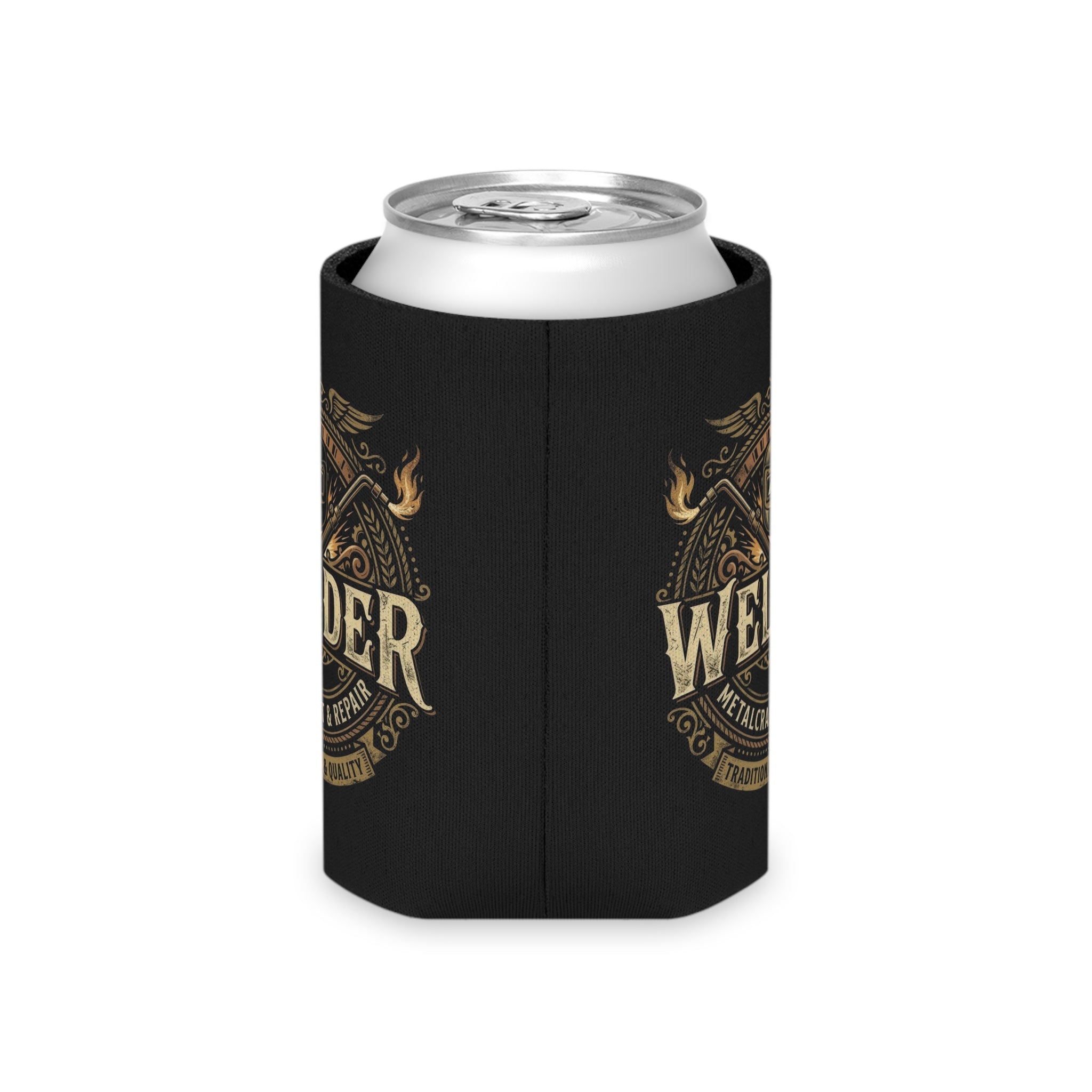 A black neoprene can cooler sleeve with a gold and brown graphic design, shown holding a silver aluminum can on a plain white background.