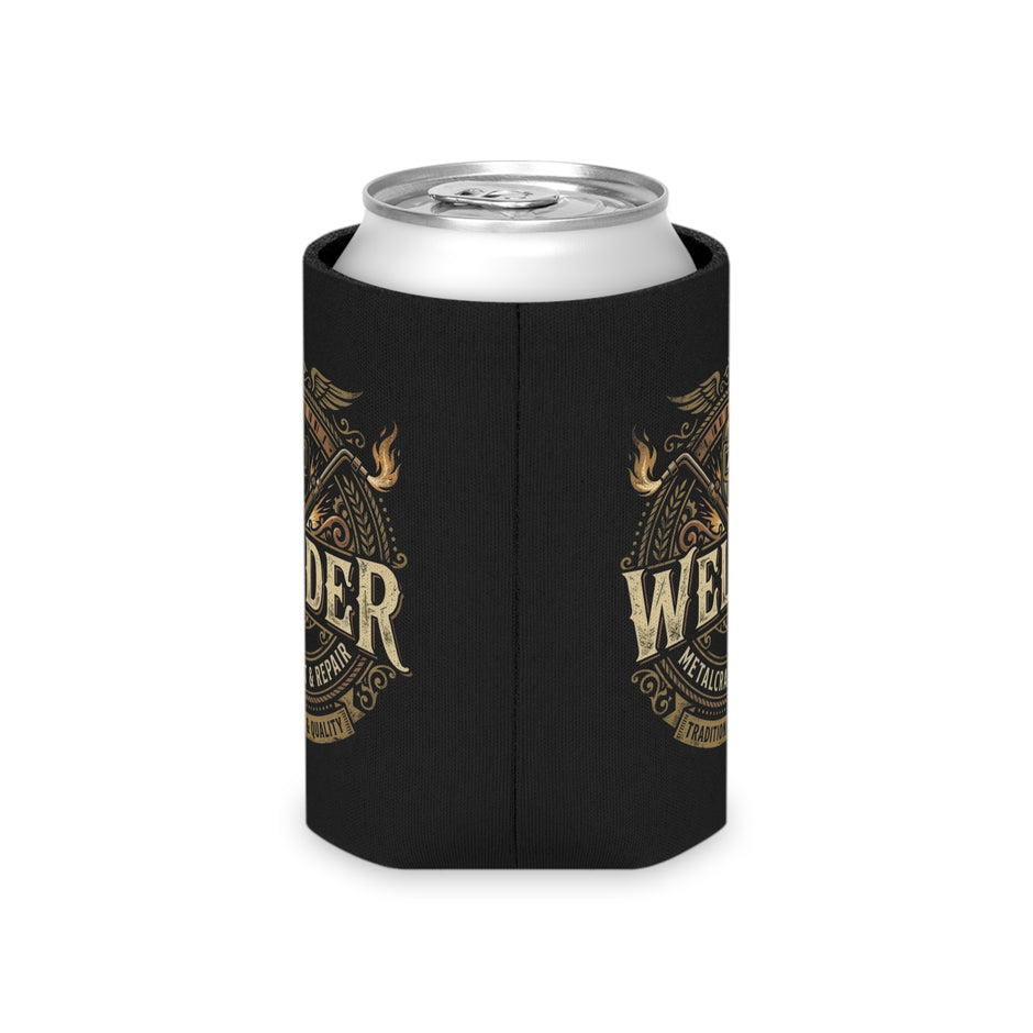 A black neoprene can cooler sleeve with a gold and brown graphic design, shown holding a silver aluminum can on a plain white background.