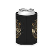 A black neoprene can cooler sleeve with a gold and brown graphic design, shown holding a silver aluminum can on a plain white background.